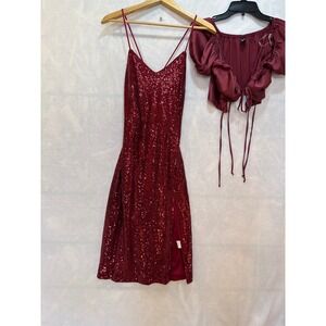 Shein Sequin Dress & Top Set Red XS Mini Party Cocktail‎ Club Open Back